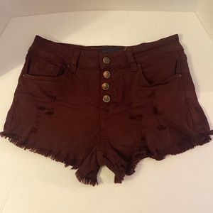 - Angel Kiss Denim Collection Burgundy Button Up Distressed Jean Shorts